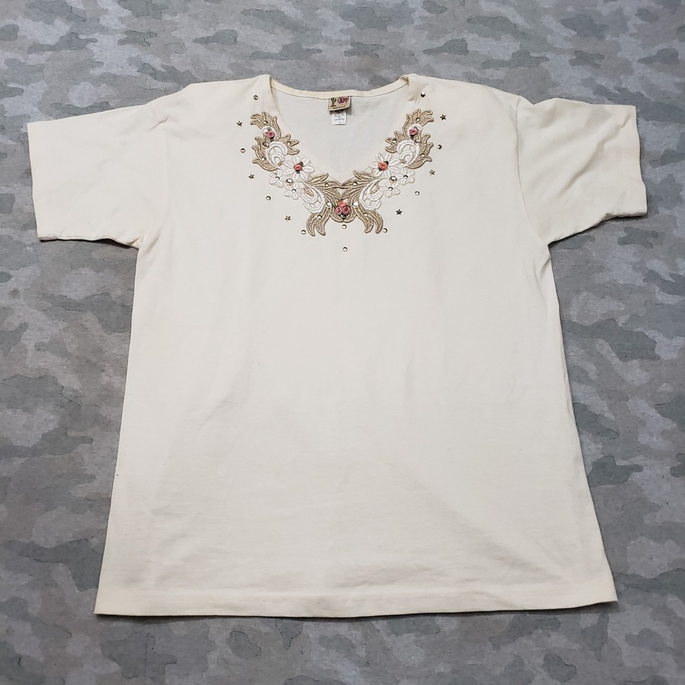 Vintage Cactus Top Womens Large Beige V-Neck Short Sleeve Bejeweled Embroidered